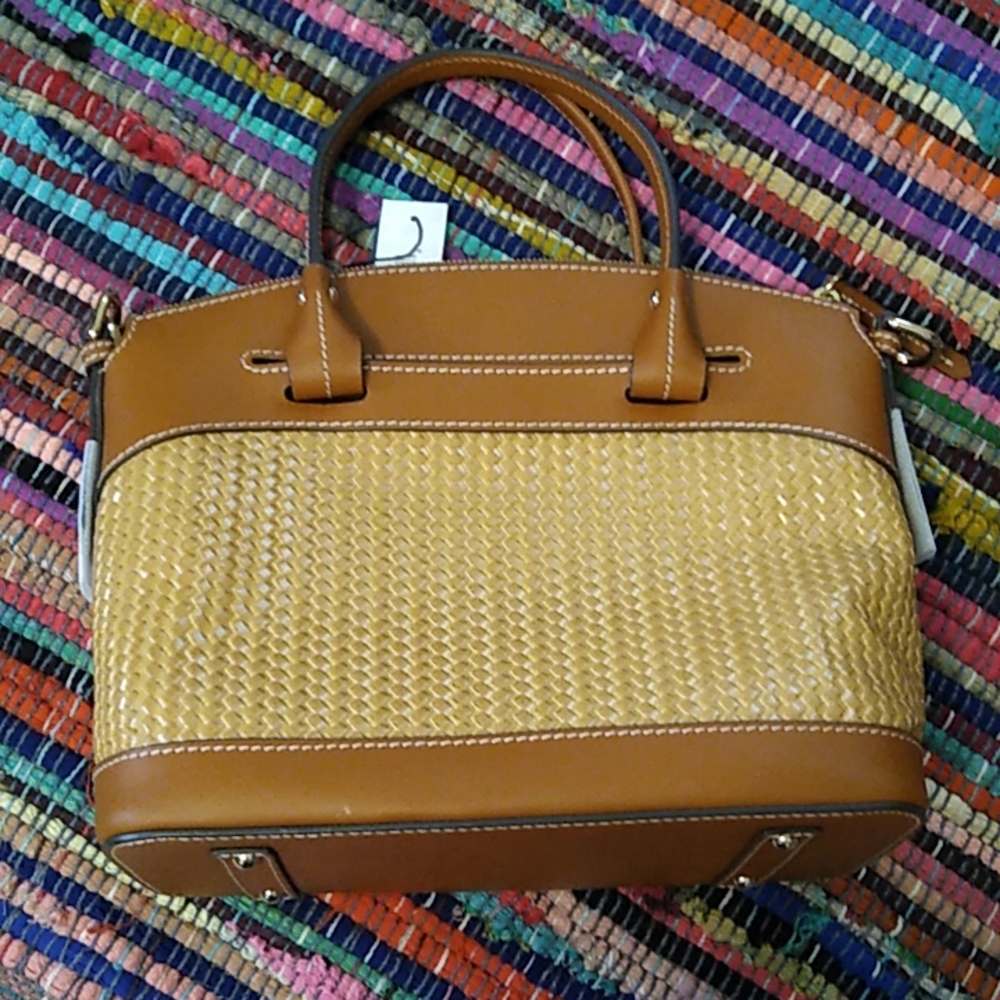 NWT Dooney and Bourke Beacon Woven Domed Satchel Embossed Leather Natural Brown - Picture 4 of 5